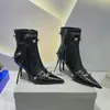 Schwarze Stiefel für Damen, Herbst und Winter, neue, spitze, feine, hochhackige Biker-Stiefel im Punk-Stil für Damen 121523a