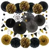 Ljushållare 21st Party Decoration Black and Gold Hanging Paper Fans Pom Poms Flowers Triangle Bunting Flags Wedding Fiesta Party Deco 231207