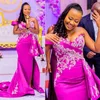 Plus la taille Aso Ebi Promdress Fuchsia sirène une épaule dentelle appliques perlées robe de soirée côté fendu sexy formelle deuxième réception robes de bal robe de soirée AM102