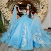 공주 Quinceanera Blue Sky Dresses Ball 2024 Floral Applique Beading Crystals 진주 생일 파티 가운 Sweet 16 Dress
