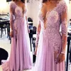 Robes de soirée rose robe de bal fête une ligne formelle col rond manches longues appliques paillettes perlées en mousseline de soie personnalisé grande taille fermeture éclair à lacets illusion nouveau