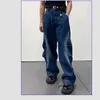 Men's Jeans Big Szie Streetwear Oversized Loose Blue Knee Pleated High Quality Straight Wide Leg Pants Blue/Black Trousers