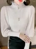 女性用セーター秋のフリルボタンニットスプライシングシフォンプルオーバー女性用エレガントなファッションランタンボトムシャツ
