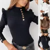 Женские футболки, рубашка с длинными рукавами, осенне-зимний свитшот, блузка в рубчик с рукавами, водолазка, свитер на пуговицах с рюшами, элегантный тонкий топ