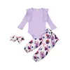 Conjuntos de roupas Focusnorm nascidos bebês meninas roupas 3 pcs babados malha manga longa macacão floral calças headband 0-18m