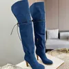 Femmes Designer Longue Botte Chaussette Tricotée Au-dessus Du Genou Hautes Bottes Stiletto Stretch Cuisse-haute Bout Pointu Bottines Pour Femmes De Luxe En Cuir Bas Ceinture Impression