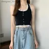 Women's Tanks Camis Sweet E-girl Halter Crop Tops Lace Hem Patchwork Sexy Tank Top With Button Knitted Black Or Grey Women Summer Wear L231208