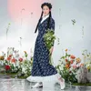 Vestidos casuais uma vida à esquerda mulheres hanfu vestido azul chita cruz breasted v-pescoço colar destacável patchwork lace vintage saia longa