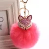 Winter Faux Rabbit Päls Ball Keychain med Rhinestone Gox Head Keyring Pompom Fluffy Key Chains Crystal for Women299J