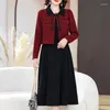 Vestidos casuais outono inverno vermelho manga longa midi terno vestido mulheres moda jaqueta curta e colete duas peças elegante bodycon