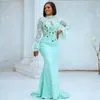 Mint Plus Size Aso Ebi Prom Dresses Illusion Mermaid Long Sleeves Lace Mirror Sequin Evening Dress African Second Reception Gowns Elegant Vestidos De Gala Gown ST612