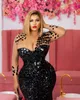 Black Plus Size Prom Dresses Long Sleeves Illusion Tulle Mirror Sequin Evening Dress Birthday Party Second Reception Gowns Vestidos De Gala African Gown AM114