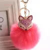 Winter Faux Rabbit Fur Ball Keychain med Rhinestone Gox Head Keyring Pompom Fluffy Key Chains Crystal for Women256U