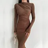 Casual Kleider 2024 Elegante Langarm Plissee Party Kleid Frühling Herbst Rundhals Schlank Mode Dünne Feste Pendeln Büro