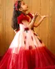 2023 Red Lace Flower Girl Dresses A-Line Tulle V-ringen Tiers Vintage Little Girl Christmas Peageant Birthday Dopning Tutu Dress Gowns ZJ422