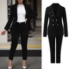 Dames tweedelige broek Casual broekpakken Dames Effen pak met lange mouwen Zakken Elegante blazer Kantoor Dames Werkkleding