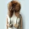 トラッパーの帽子本物の女性の毛皮の帽子earflap暖かい冬の女性厚い本物のアライグマファーハットロシアゲニンファーキャップ231207