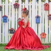 Red Bowknot Satin Flower Girl Dresses Cute One Shoulder Puff Princess Party Birthday Kids Formal Gowns Toddler Little Girl Christmas Wedding Prom Dance Dress CL3026