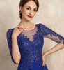 Mode Royal Blue Homecoming Cocktail Robe Femmes 2024 A-ligne Scoop Illusion Thé Longueur En Mousseline De Soie Dentelle Paillettes Fête D'anniversaire Robes De Soirée Robe De Soirée