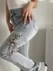 Damen-Jeans, Retro-Seitenluftloch, hohe Taille, mit Trägern, schmale Passform, Bootcut-Hose