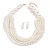 Multi-Layer White Imitation Pearl Necklace Earring Set Bead Chain Ladies Wedding Clavicle Necklace Girl Charm Banquet Jewelry