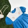 Mädchen Kleider Sommer Mode Sailor Kragen Stickerei Blau Prinzessin Mädchen Baumwolle Kurzarm Kleid