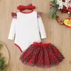 Conjuntos de ropa Conjunto de 3 piezas para niños Traje de manga larga Cuello redondo Elk Mameluco de Navidad Malla a cuadros Una línea Faldas Diadema Trajes casuales para 018M 231207