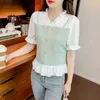 Kadınlar T-Shirt Fırfır Ekose Baskı Patchwork Tatlı Şık V Boyun Kısa Sle Üst Bluz Kadın Yaz Zarif Moda İnce Gömlek Fe Giyim 231208