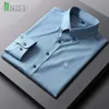 Camisas de vestido masculinas qualidade fibra de bambu homens camisa de mangas compridas slim fit elástico anti-rugas não-engomar cor sólida negócios sociais