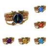 Armreif, Modeschmuck, mit Glas-Cabochon, mehrschichtiges braunes Lederarmband, Sieben-Chakra-Yoga-Reiki-Heilung, spirituell