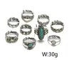 Ringos de cluster 9pcs vintage jóias étnicas de joalheria turquesa elefante flor geme pedra geométrica poço de anel de metal fino fino