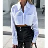 Frauen Blusen Mode Weißes Kurzes Hemd 2024 Frühling Sommer Chic Frau Bluse Langarm Crop Tops Damen Taschen Shirts und
