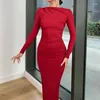 Casual Kleider 2024 Elegante Langarm Plissee Party Kleid Frühling Herbst Rundhals Schlank Mode Dünne Feste Pendeln Büro