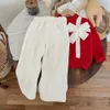 Kläderuppsättningar söta flickor tröja röd mjuk varm pullover båge gåva stickning toppar elastiska midja fasta byxor 2 st barn julkläder kostym 231207