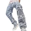 Men's Jeans Man Autumn Long Trousers Mens Slim Fit Straight Tube Retro Hip Hop Denim Pants Patchwork Trassel Street