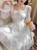 Urban Sexy Dresses Deeptown Korean Style White Lolita Dress Women Y2k Fairycore Ruffles Bow Long Flare Sle Tunic Midi ss Dresses Prom Gown L231208