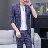 Men's Suits 2023 Fashion Summer Mid-sleeve Suit (Blazer Trousers) Thin Solid Color Slim Short Sleeve Blazer Two-piece Set