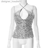 Women's Tanks Camis Gtpdpllt Sparkle Silver Sequins Tanks Camis Sexy Party Night Club Backless Hollow Cross Halter Top 2000s Y2k Tops L231208