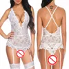 Nya kvinnors djupa V-hals transparent blommor broderier underkläder spets damer sexig babydoll strumpeband thong strumpor set