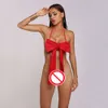 Sexy Strumpfhosen mit Schleife, Neckholder, roter BH für Damen, weicher und glatter Body, Lenceria Para Mujer, Weihnachten, beste Geschenke für Paare