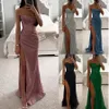 Basic Casual Dresses Sexy Sequin Spaghetti Strap Ruched Maxi Party Dres Shiny High Slit Evening Wedding Cocktail Long 231207