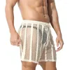 Calções masculinos ver através de fishnet troncos de natação oco para fora lounge pijama respirável casual masculino esporte fitness calças curtas