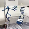 Tasarımcı Rhinestone Bowknot Kadın Sandalet İnce Topuklar Rene Caovilla Avize Yemek Ayakkabıları Kadın Yüksek Topuklu Snake Sarılı Ayak Bilgi Topuk Ayakkabıları YM028