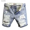 Jeans masculinos verão 2022 luz azul rasgado gato bigode remendo carta impressão magro denim shorts adolescentes jeans meninos e meninas cowboy calças curtasl231208