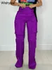 Kadınlar Kot Sıradan Yüksek Bel Düğmesi Uçan Düz Pantolonlar Gece Kulübü Kıyafetleri Kadınlar Sokak Giydi İpeksi Saten Çok Cepleri Kargo Pantolonu 231207
