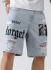 Herrmodehål rippade smala män casual jeans shorts för män retro blå tvättad gata knälängd denim pantl231208