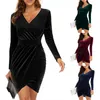 Casual Dresses Women's Autumn Winter Velvet långa ärmar Sexig V Neck Party Club Outfit kjolar Wrap Bodycon Dress Robe Vestidos de Mujer