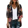 Mulheres Swimwear 2023 Verão Flowing Kimono Cardigan Bohemian Snow Spun Flower Beach Cover Top Wear Hawaii Chiffon