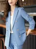 Women's Two Piece Pants Yitimuceng Office Ladie Suits Sets 2023 Turn Down Collar Double Breasted Long Sleeve Blazer Solid Harem Pant 231207