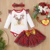 Conjuntos de ropa Conjunto de 3 piezas para niños Traje de manga larga Cuello redondo Elk Mameluco de Navidad Malla a cuadros Una línea Faldas Diadema Trajes casuales para 018M 231207